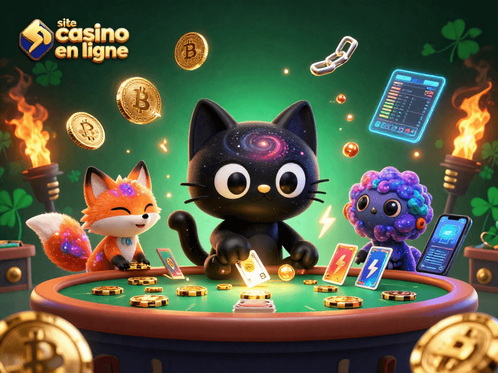 Gagnez gros avec le site casino en ligne, illustrant un chat noir cosmique et un renard nébuleux.