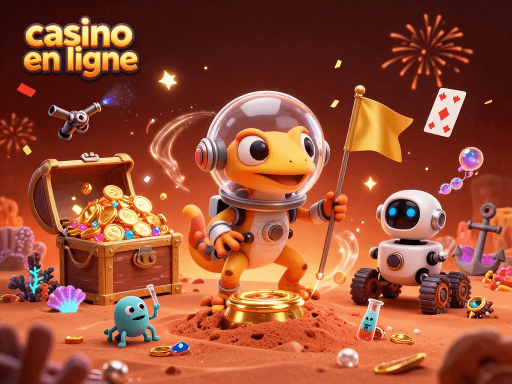 Jouez au casino en ligne avec un geco martien découvrant un casino doré sur Mars.