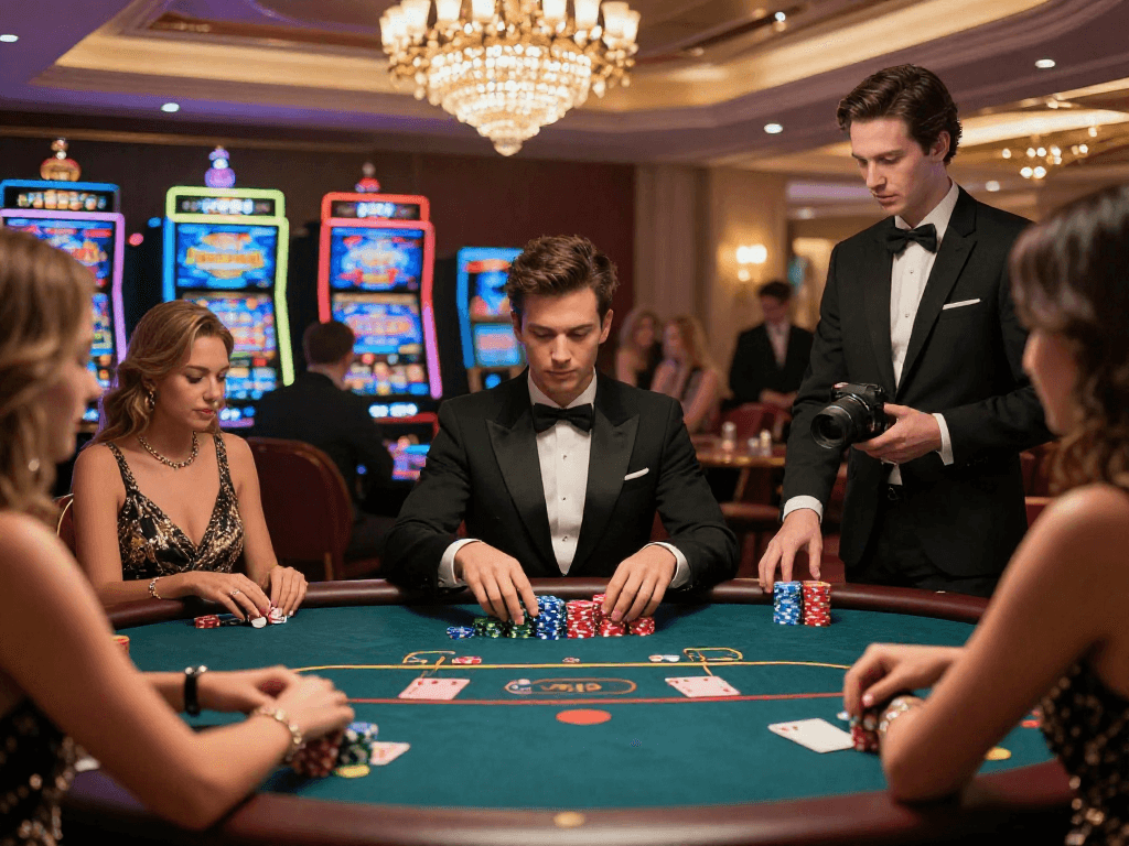 Casino en ligne : Joueur élégant à une table de poker, ambiance de luxe avec des jetons et des machines à sous en arrière-plan.