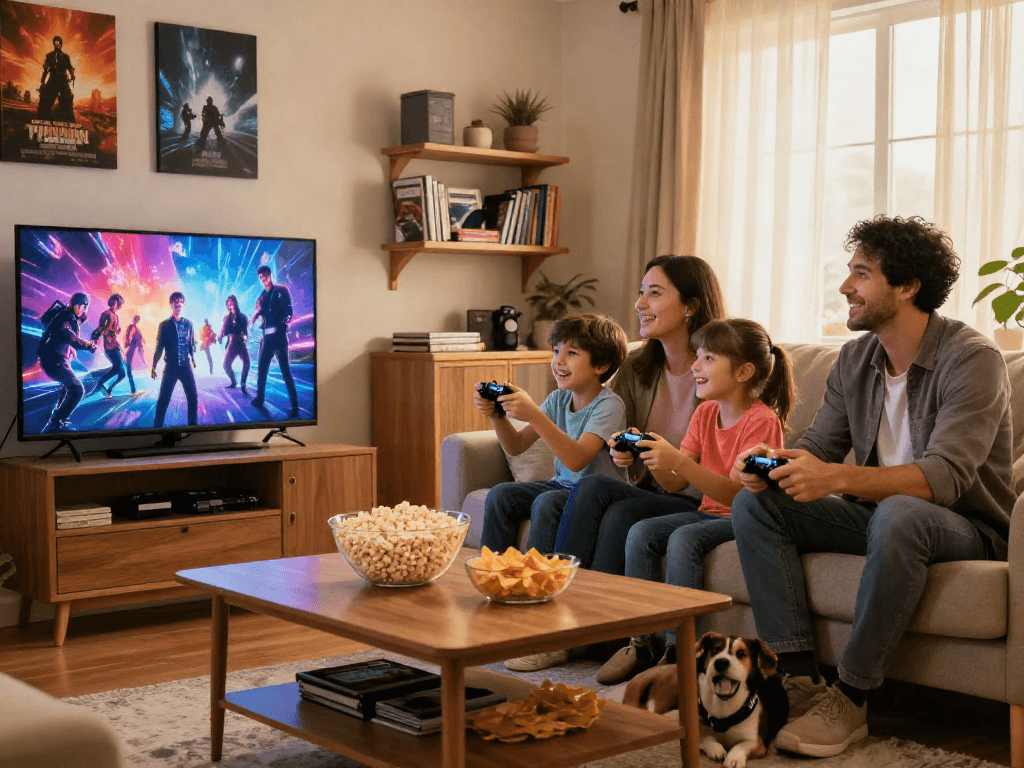 Family enjoying Iron TV together in a cozy living room, engaging with gaming and snacks.