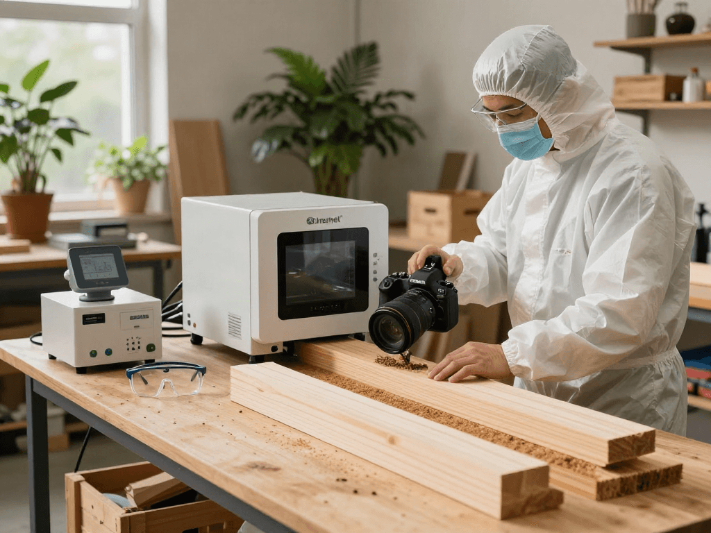 Traitement du bois avec Shashel® dans un atelier lumineux, technicien utilisant un appareil de micro-ondes.