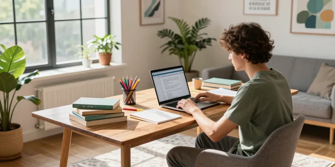 Études dans un environnement moderne de travail, étudiant concentré avec un ordinateur et des livres.