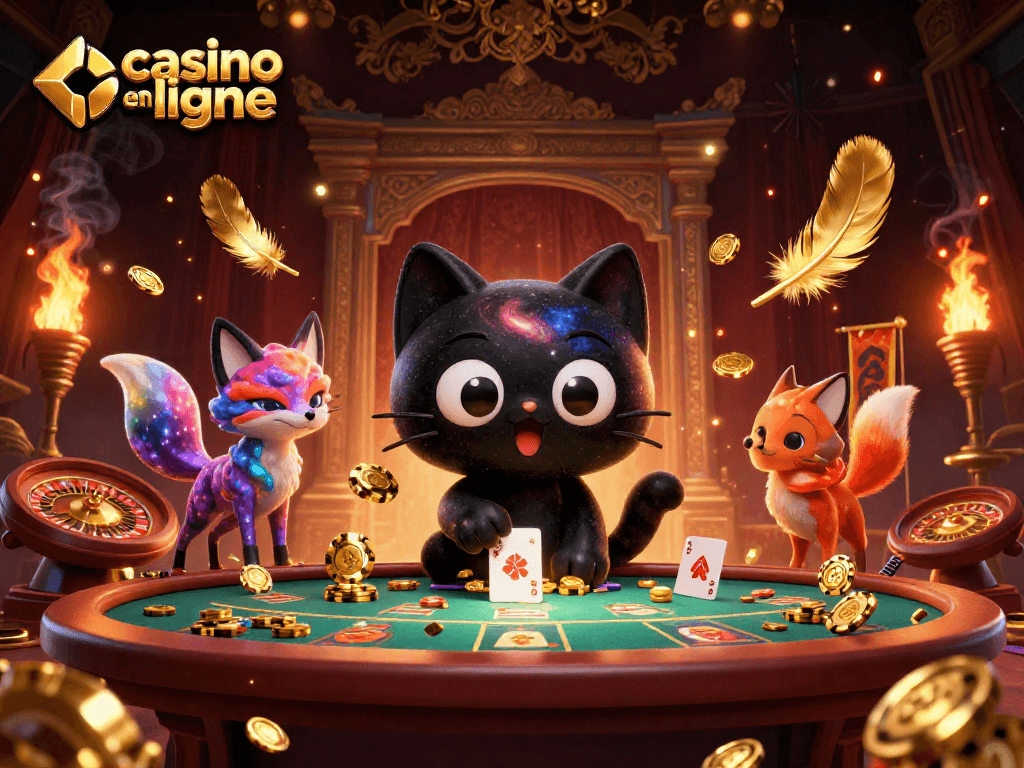 Le casino en ligne magique avec un chat noir de trou noir et un renard nébuleux entouré de jetons d'or.