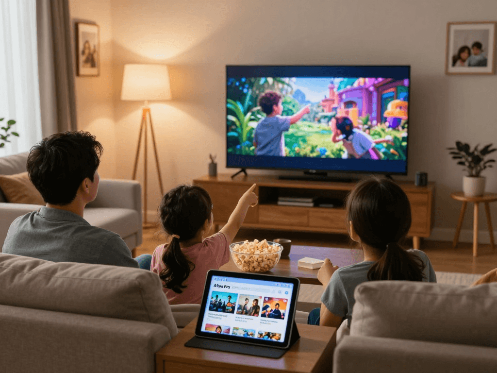 Profitez d'une soirée cinéma en famille avec Atlas Pro ONTV dans un salon chaleureux.