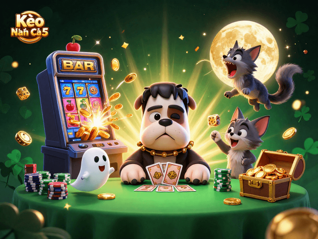 Kèo Nhà Cái 5 showcases lively casino action with a Frankenstein bulldog, ghost mouse, and werewolf kitten.