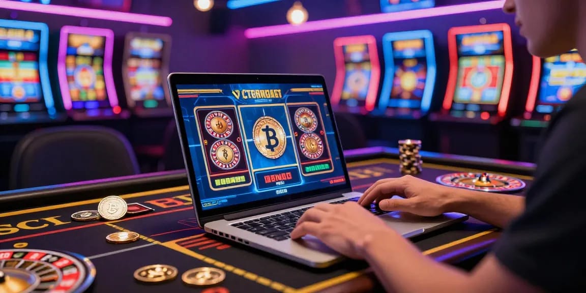 Une ambiance de casino numérique où un joueur explore un crypto casino sans KYC, entouré de graphismes colorés et de pièces de cryptomonnaies.