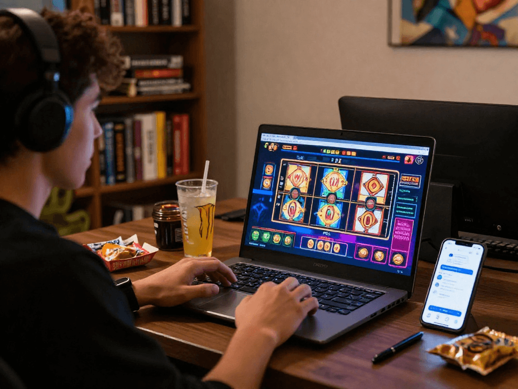 Expérience de jeu de casino en ligne avec interface vibrante et ambiance cosy.