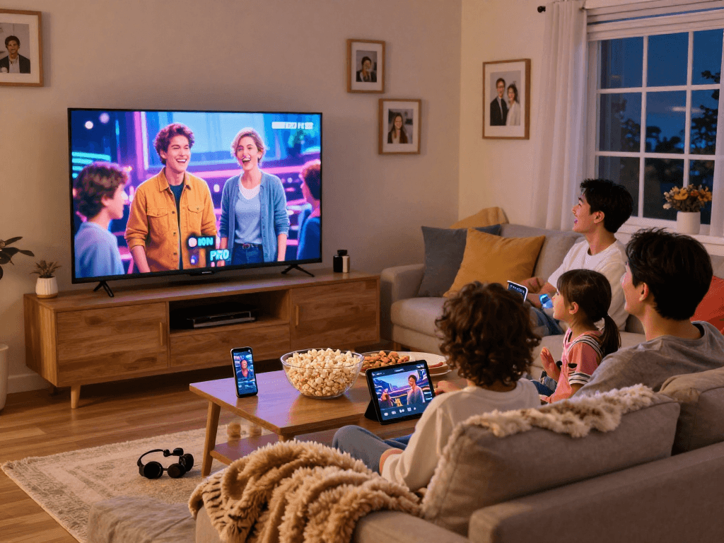 Famille appréciant IRON TV PRO sur leur téléviseur avec des collations sur la table basse.