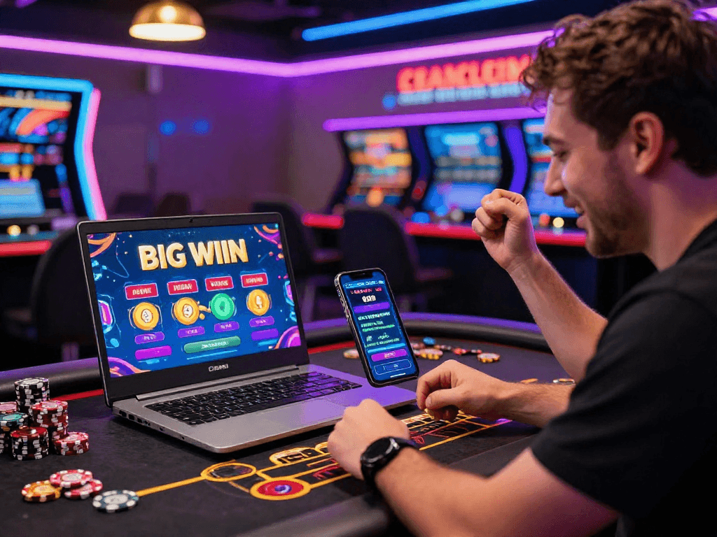 Joueur heureux dans un casino en ligne avec retrait instantané, célébrant une victoire sur une plateforme de jeux en cryptomonnaies.