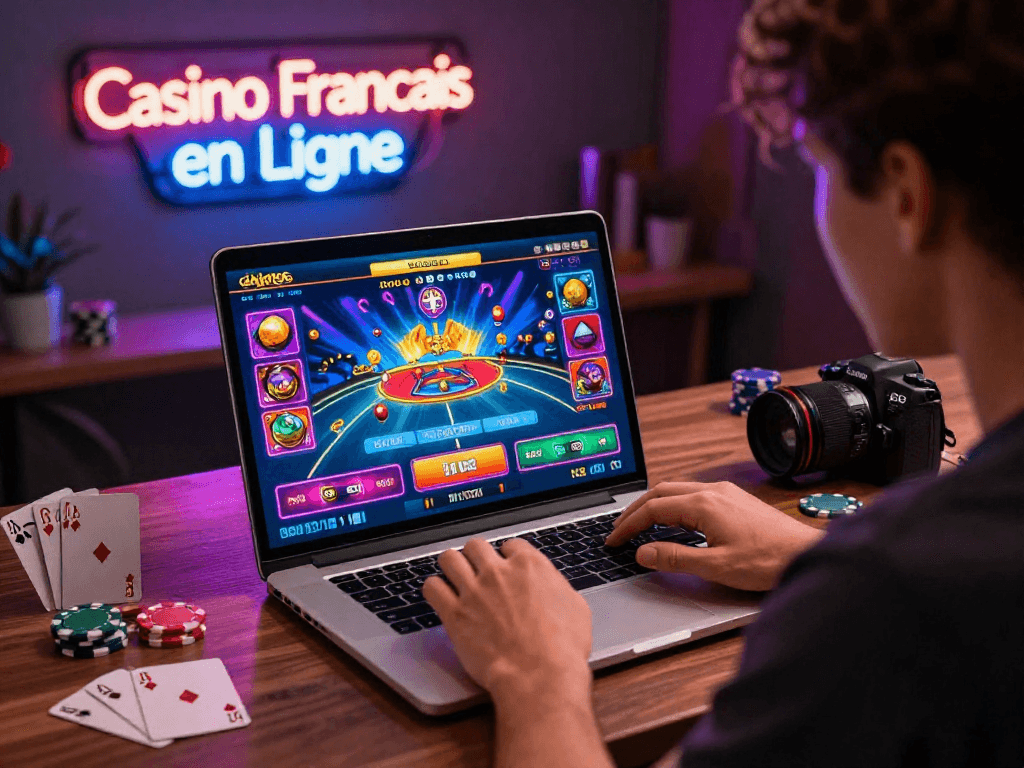 Joueur engagé sur casino francais en ligne avec interface immersive et ambiance lumineuse excitante.