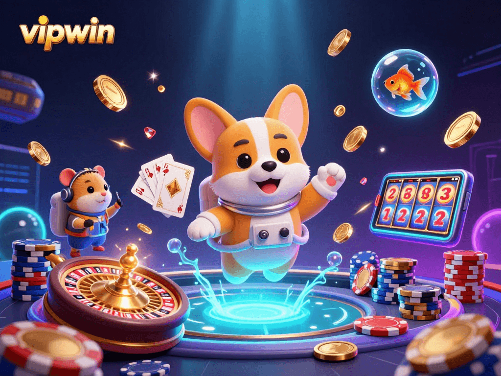 Experience the thrill of vipwin in a vibrant 3D casino scene with floating characters and dynamic game elements.