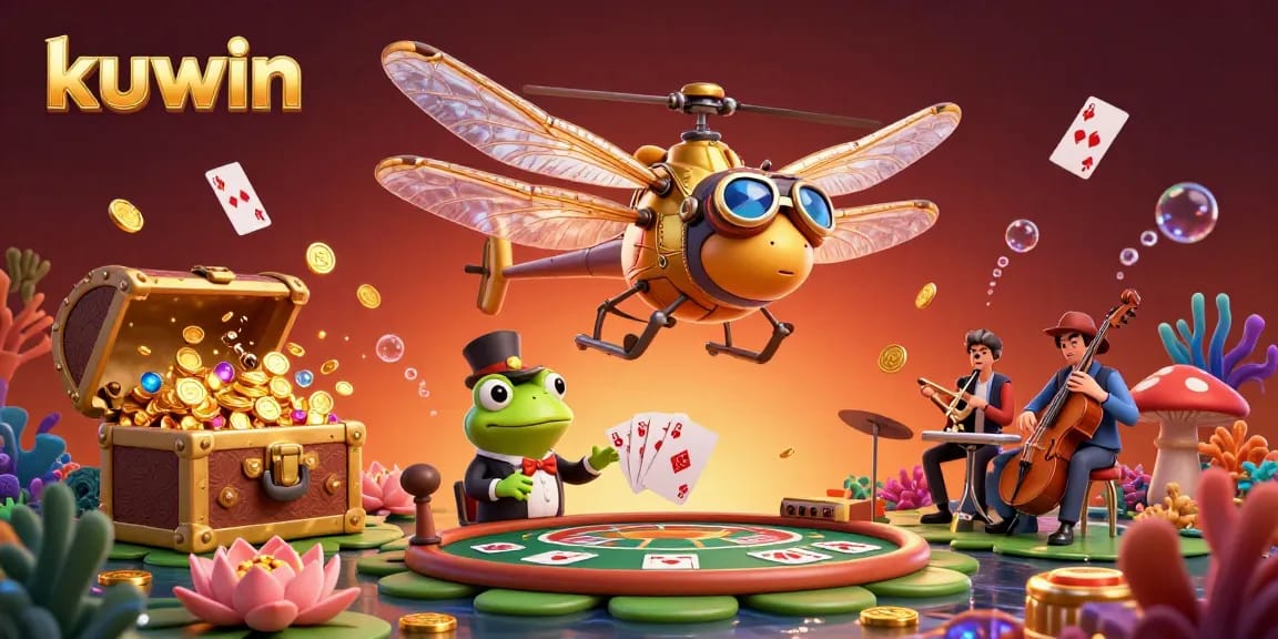 Kuwin's vibrant casino scene features a dragonfly pilot and frog croupier amid underwater treasures.