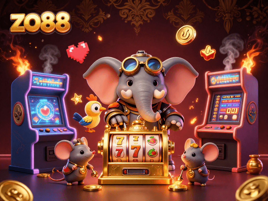 Experience the excitement at zo88 with a steampunk elephant engineer operating a golden slot machine!