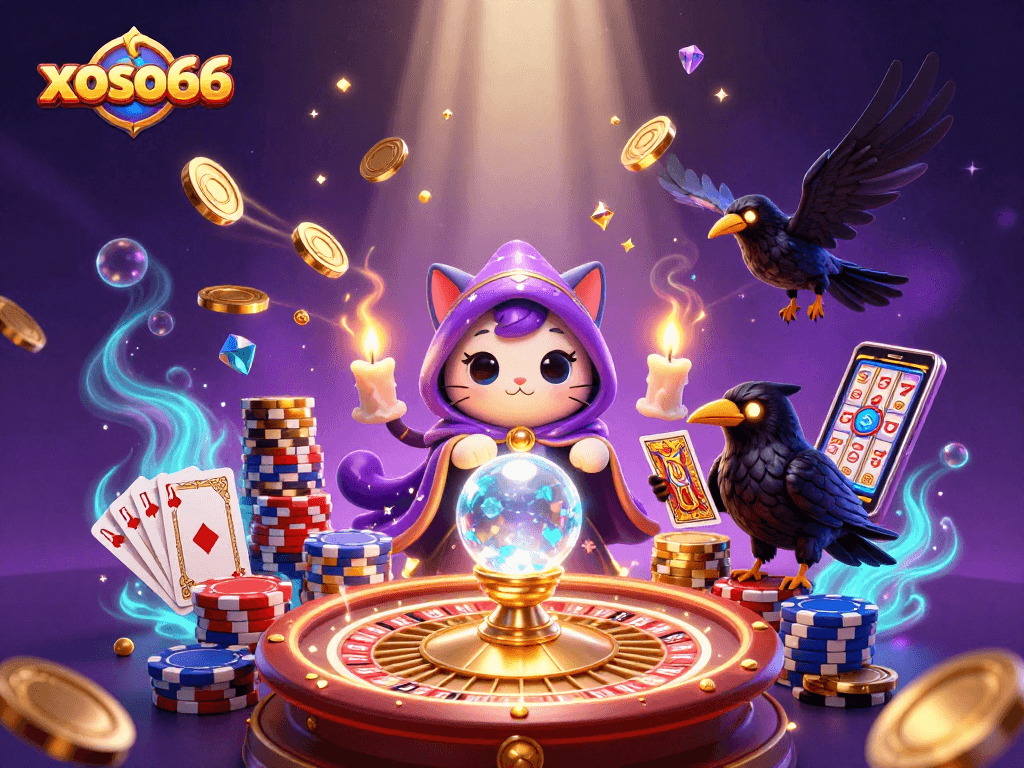 Experience thrilling gaming at xoso66 with a mystical illustration of cats and coins!