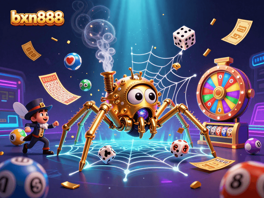 Experience excitement with bxn888 as the golden spider weaves a web of fortune in this casino-themed illustration.