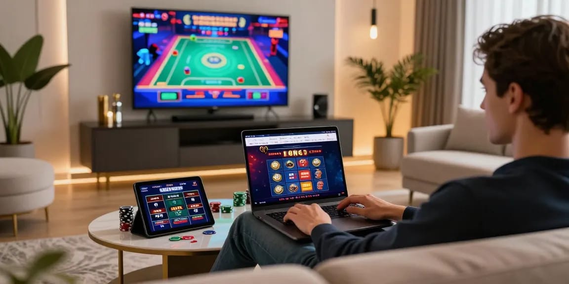 Joueur détendu profitant d'une expérience sur casino français en ligne dans un salon moderne et confortable.