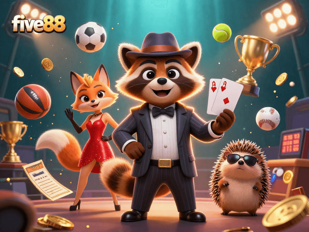 Experience exciting sports betting at five88 with our vibrant illustration of a raccoon, fox, and hedgehog!