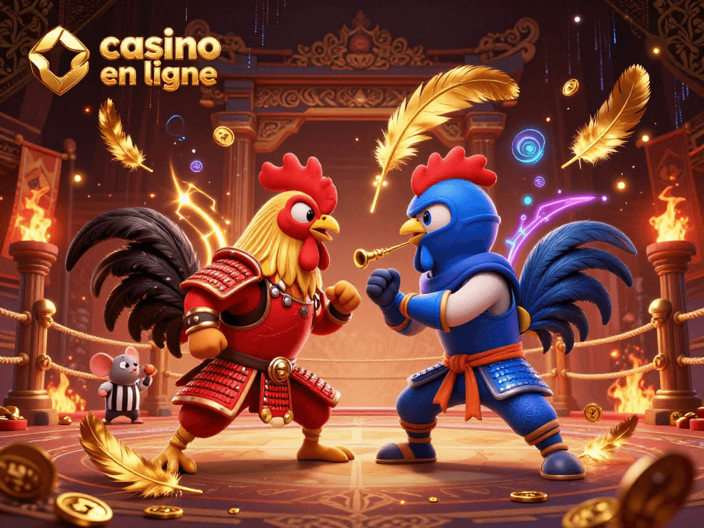 Un combat de coqs épiques, un armé en rouge et l'autre en bleu, représentant le casino en ligne.
