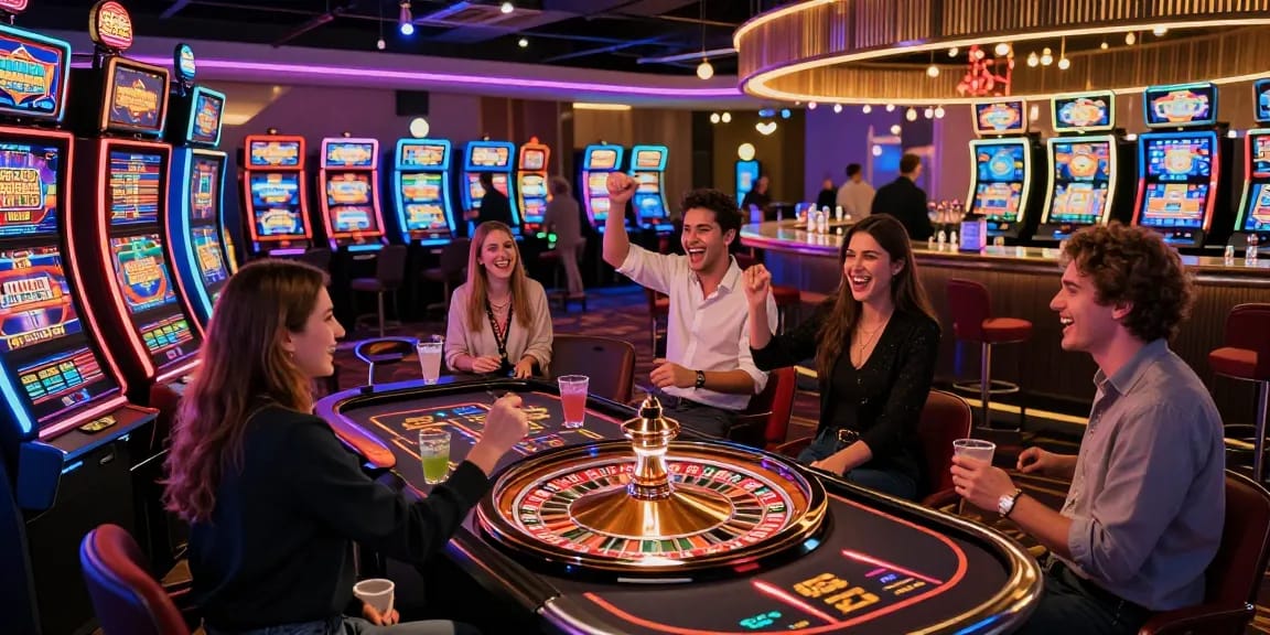 Engagement sur un site casino en ligne avec des joueurs heureux autour de jeux de casino.