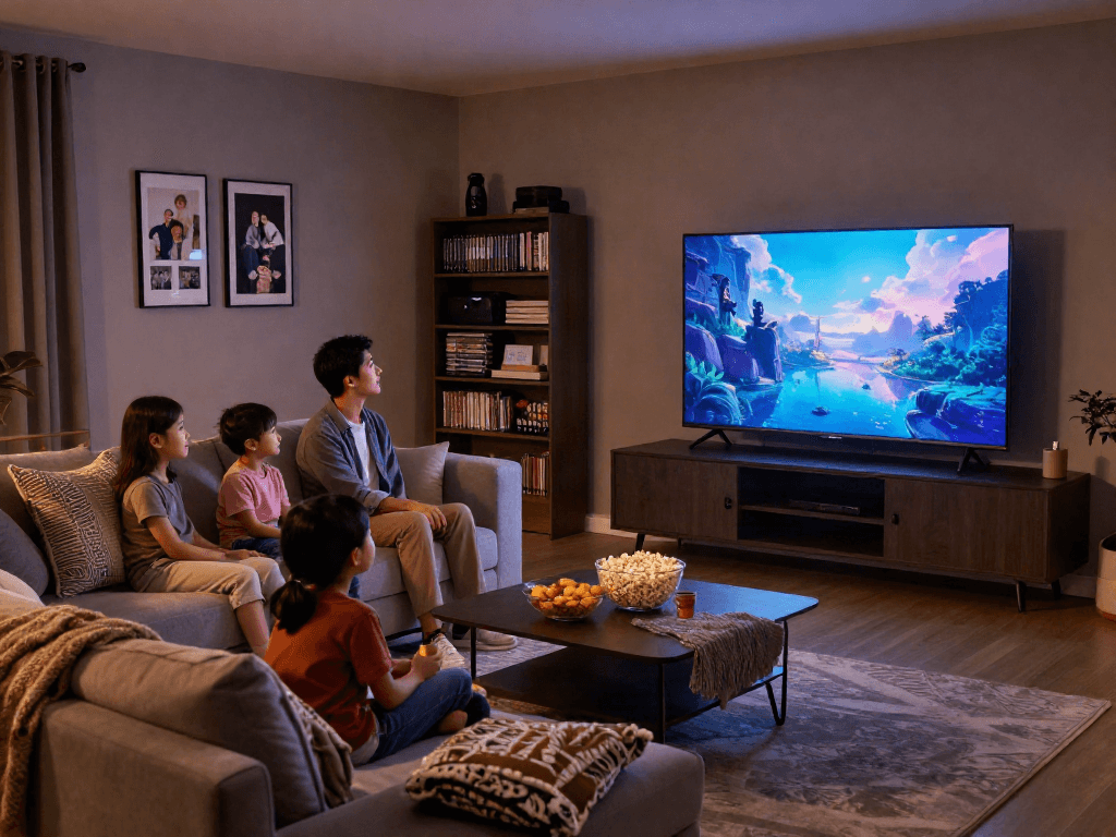 La famille profitant d'une soirée cinéma avec un Iron TV dans leur salon accueillant.