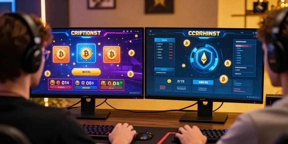 Un joueur dans un casino en crypto, joyeusement engagé avec des jeux colorés et des symboles de cryptomonnaies autour, créant une ambiance dynamique.