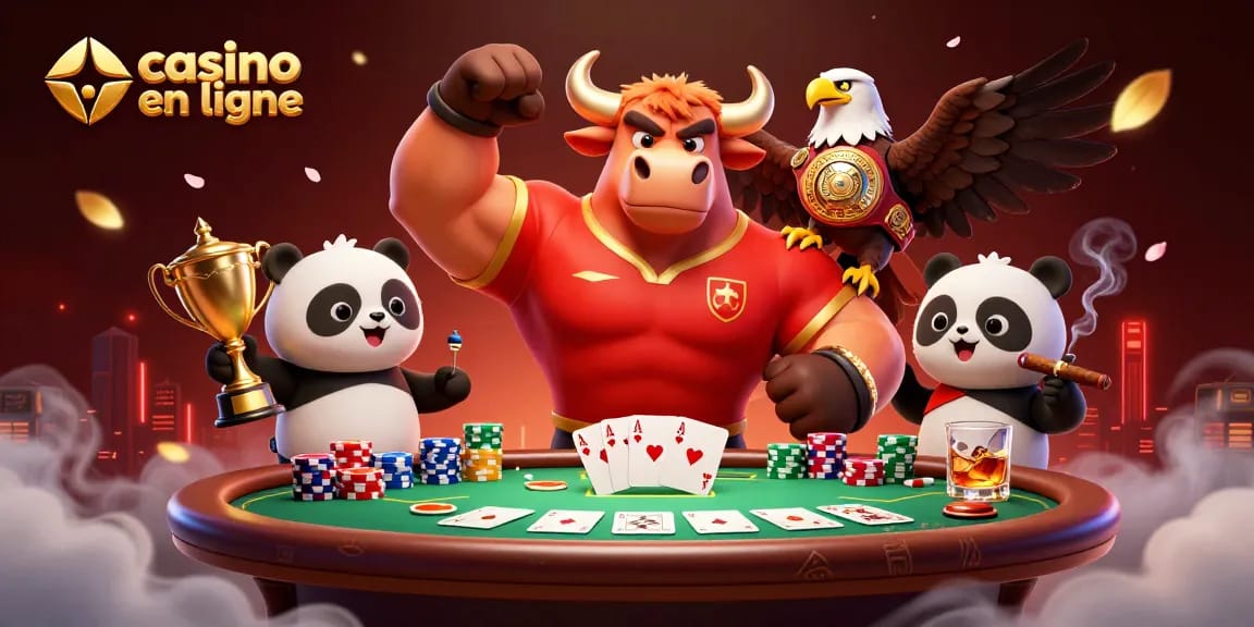 Plongez dans l'univers du casino en ligne avec un taureau musclé, un aigle et un panda, célébrant la victoire.