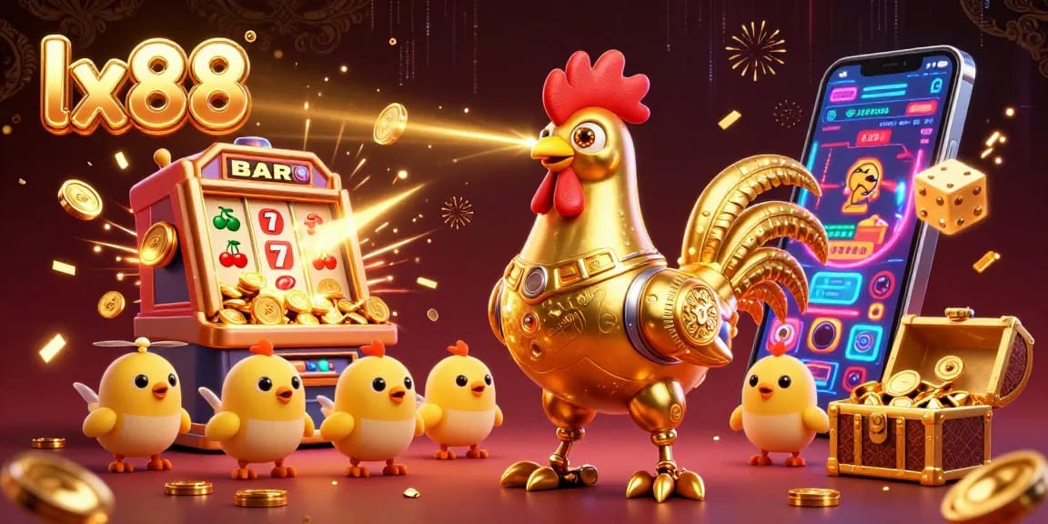 Experience the excitement of lx88 with vibrant 3D casino elements and a golden rooster robot.