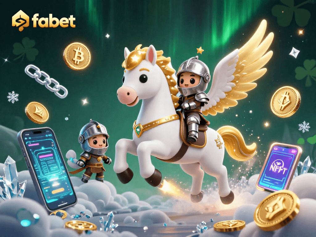 Experience thrilling gameplay at fabet with a 3D cosmic knight framed by colorful crypto elements.