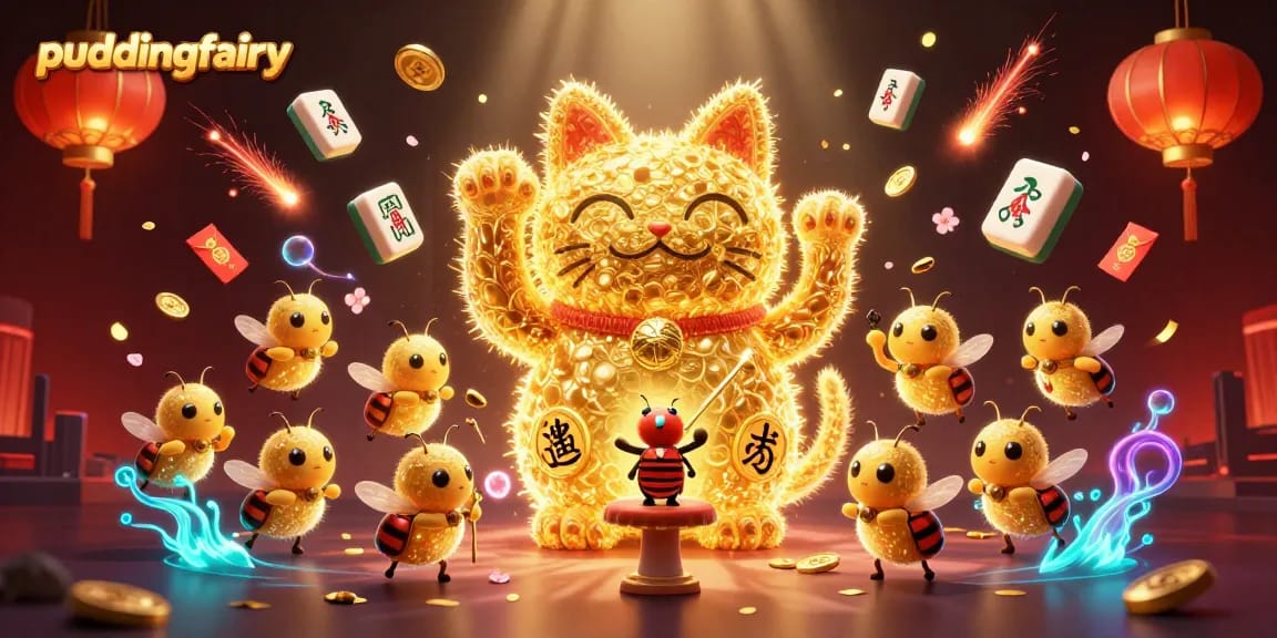 Engage in thrilling gaming at puddingfairy with a mesmerizing illustration of a lucky cat, lively symbols, and dynamic effects.