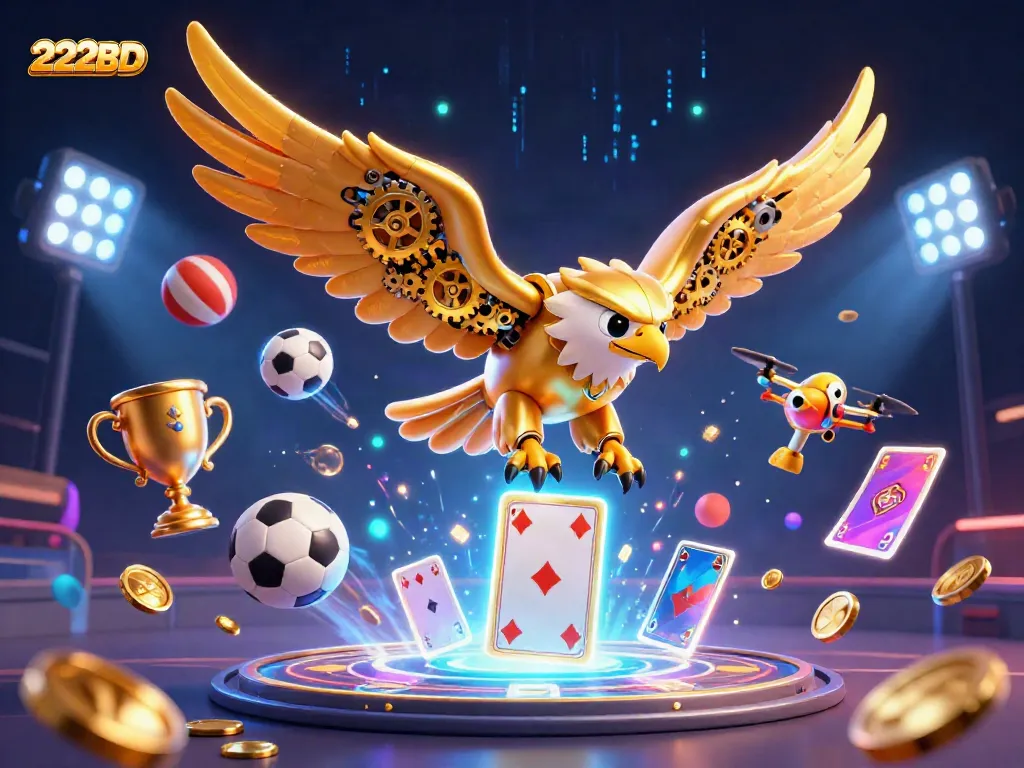 Exciting dive into the world of 222BD, featuring a cybernetic golden eagle amidst holographic cards and dynamic sports elements.