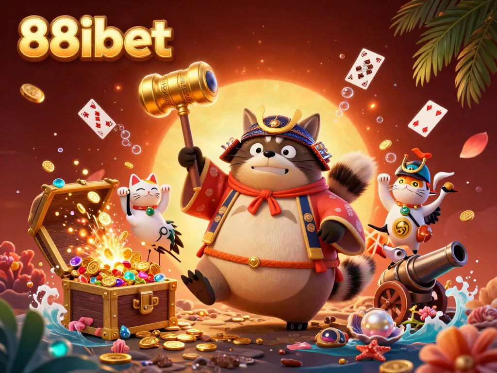 Experience winning moments with 88ibet's vibrant 3D illustration of a joyful tanuki and colorful casino elements.