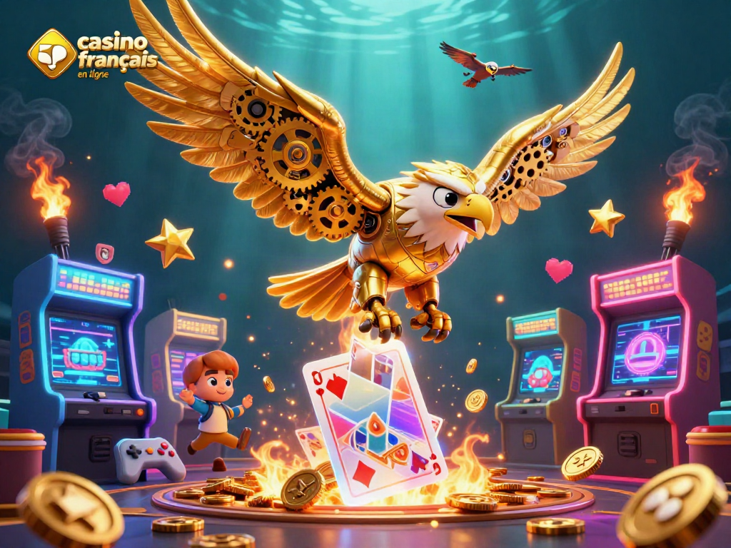 Découvrez le casino français en ligne avec des éléments de jeu holographiques colorés et un aigle cybernétique captivant.