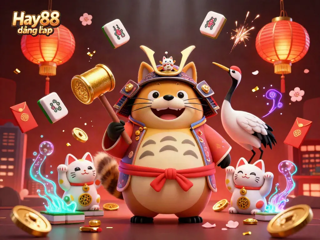 Engage with the vibrant animation of Hay88 đăng nhập featuring a festive tanuki, crane, and fortune cats.