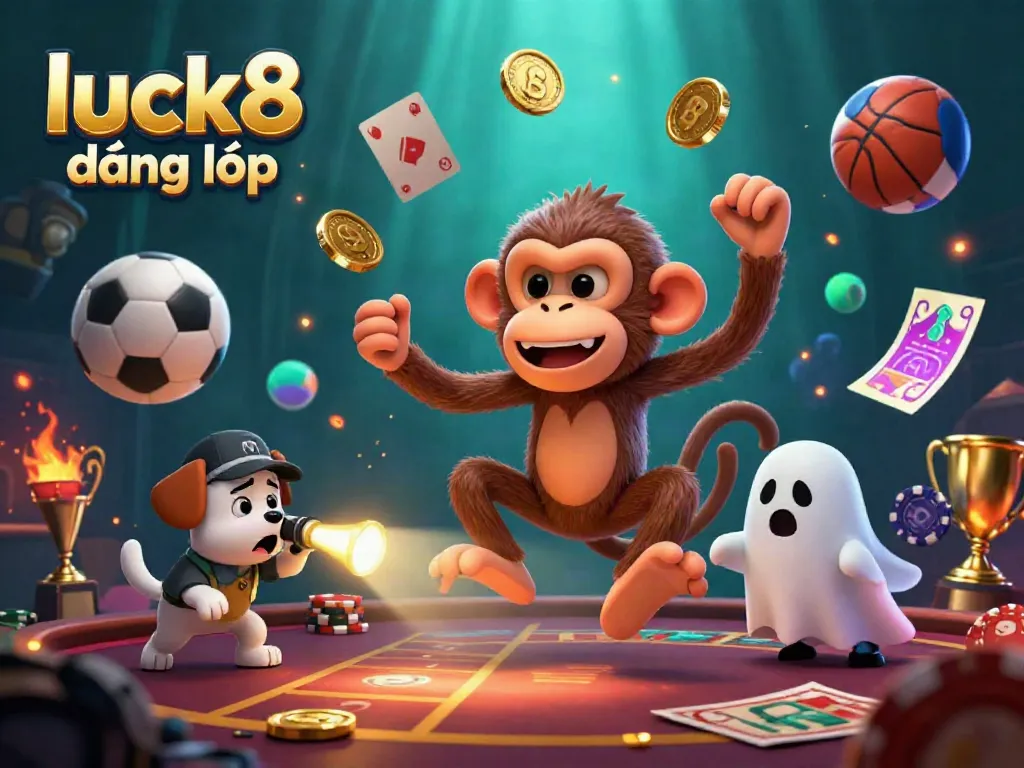 Experience the thrill of luck8 đăng nhập with a playful ghost-hunter puppy and poltergeist monkey juggling casino items amid vibrant sports elements.