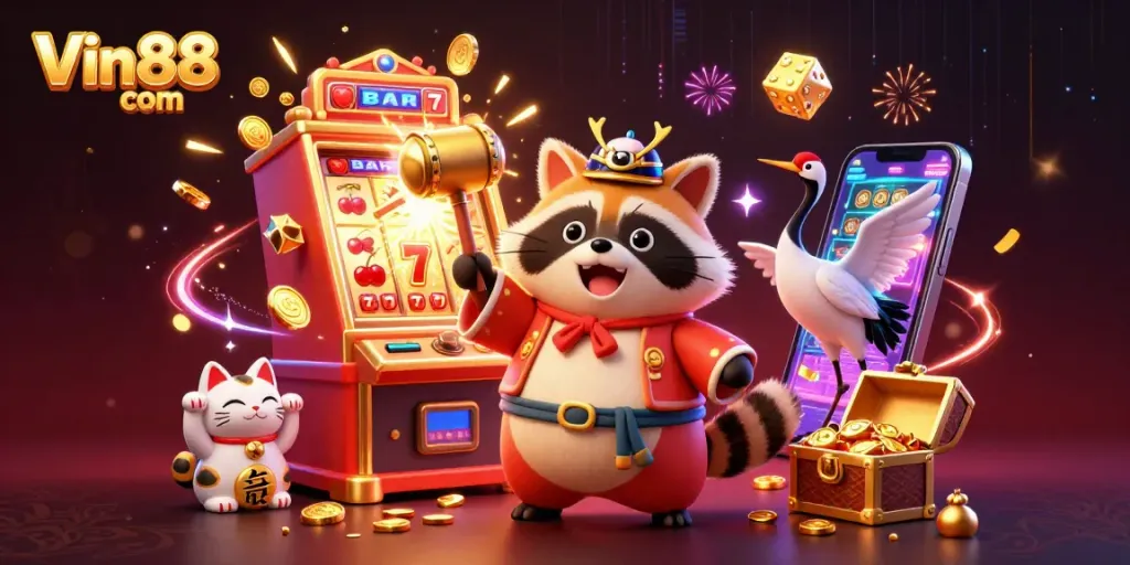 Engage in thrilling gameplay with Vin88 com featuring a joyful tanuki surrounded by colorful luck-inspired elements.