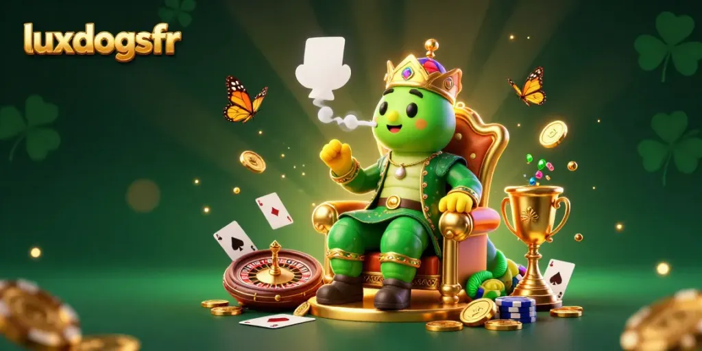 Spin to win with luxdogsfr's exclusive gaming scene featuring a caterpillar master and poker elements.