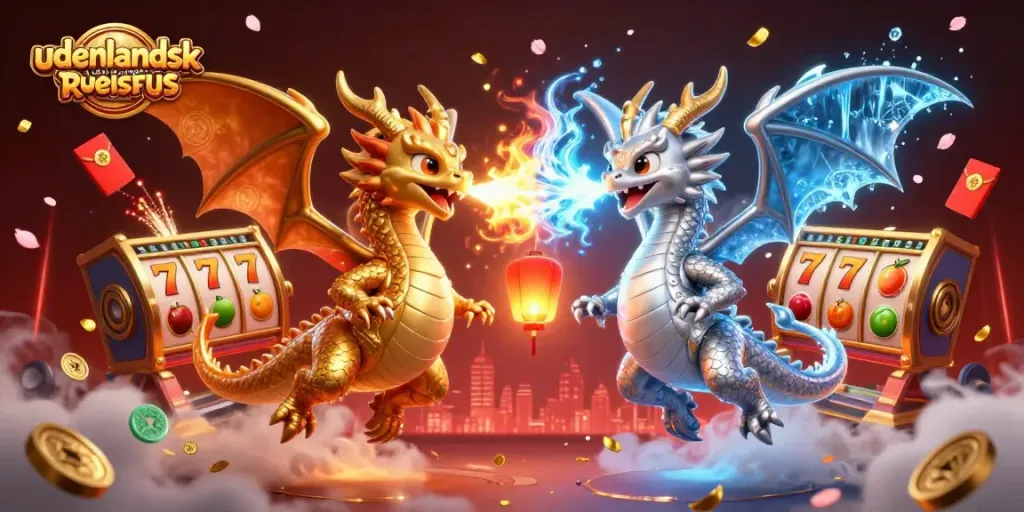 Engage with udenlandsk casino uden ROFUS through a vibrant 3D illustration featuring dynamic dragons and gaming elements.