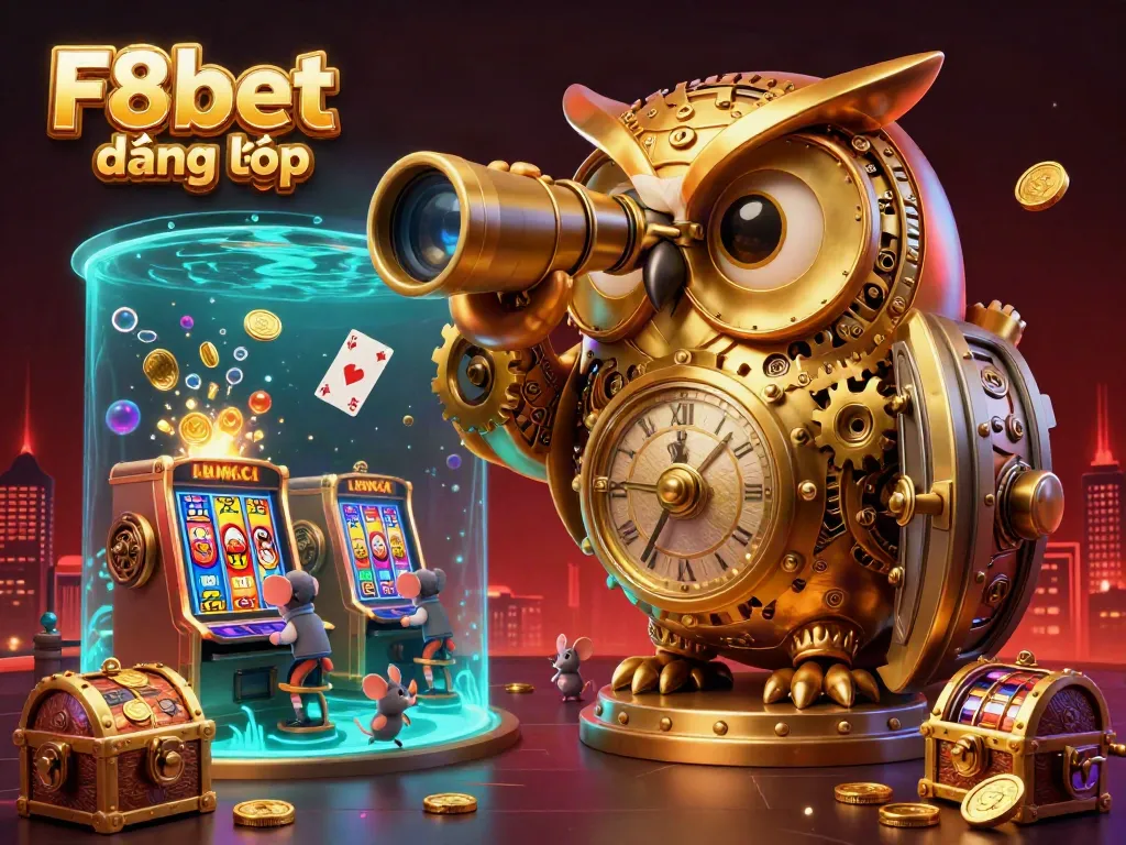 Experience F8bet đăng nhập with a whimsical scene of a golden owl overseeing a vibrant casino atmosphere.