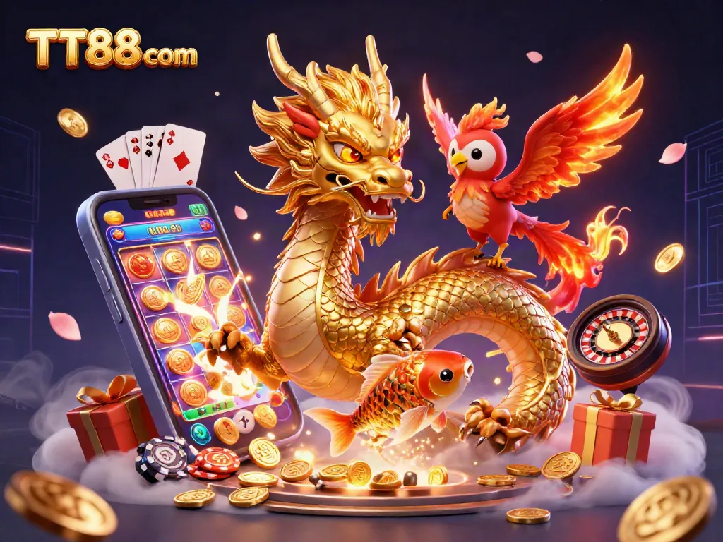 Win big with TT88 com in this vibrant 3D casino scene featuring exciting game elements.