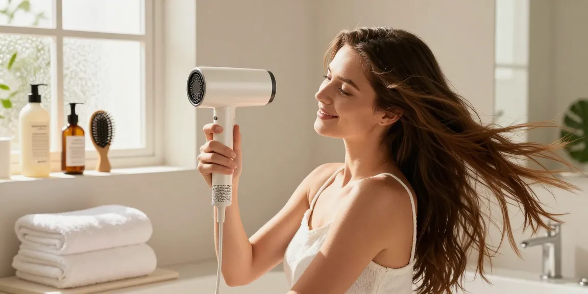 Utilisation d'un sèche-cheveux céramique dans une salle de bain lumineuse pour un séchage doux et respectueux des cheveux.