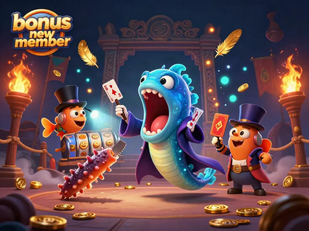Engage with the bonus new member promotion in this vibrant 3D casino illustration featuring animated sea creatures and gambling elements.