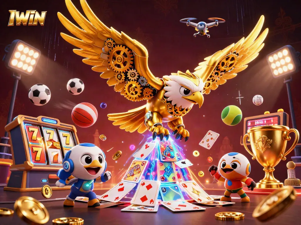 IWIN online casino games featuring a dynamic 3D cybernetic eagle and vibrant sports betting elements.