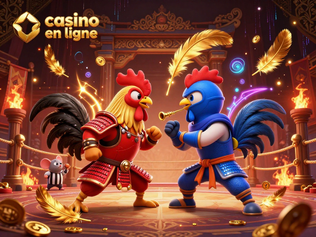Un combat de coqs épiques, un armé en rouge et l'autre en bleu, représentant le casino en ligne.