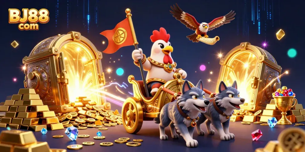 Experience thrilling gameplay at BJ88 com with vibrant visuals featuring a rooster warlord in action.