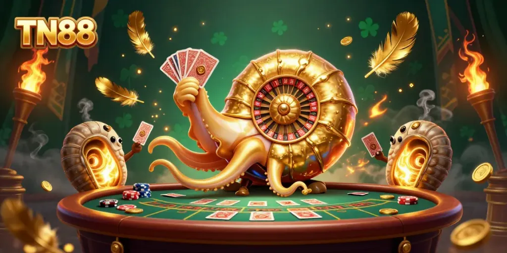 Experience the thrill of TN88 with a vibrant 3D casino scene featuring a giant nautilus roulette wheel.