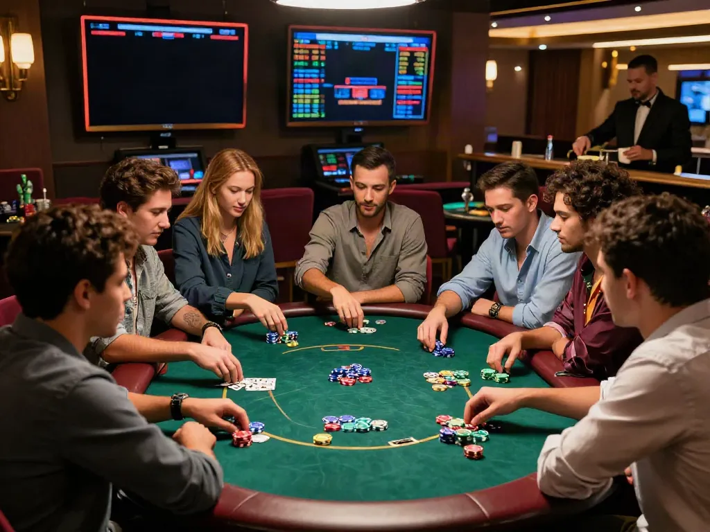Ambiance d'un casino sans dépôt avec des amis jouant au poker, ambiance festive et énergie collective.