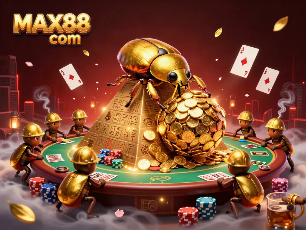 Experience the excitement of MAX88 com with golden coins and vibrant poker elements.