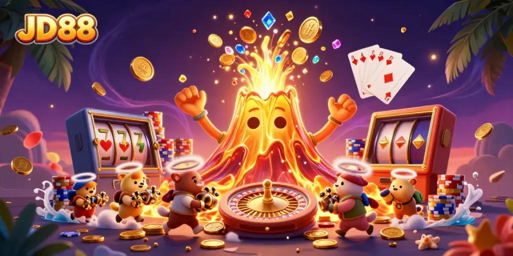 Experience big wins with JD 88's vibrant casino scene featuring a golden volcano and treasures.