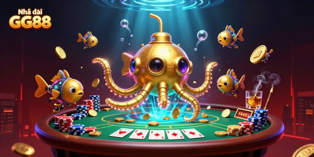 Engage in thrilling plays at Nhà cái GG88, featuring a golden kraken submarine and poker elements.