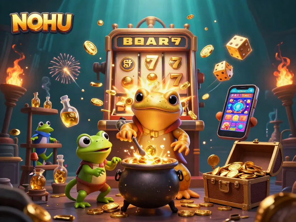 Experience the excitement of NOHU with a vibrant jackpot scene featuring dynamic casino elements and golden treasures.